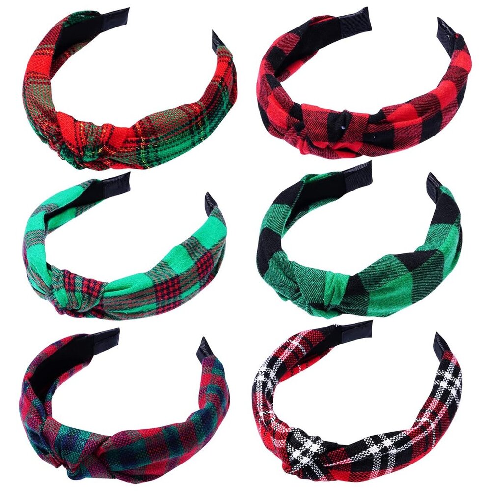6pcs Christmas Knotted Headbands Buffalo Plaid Headband Wide Top Knot Hair Bands